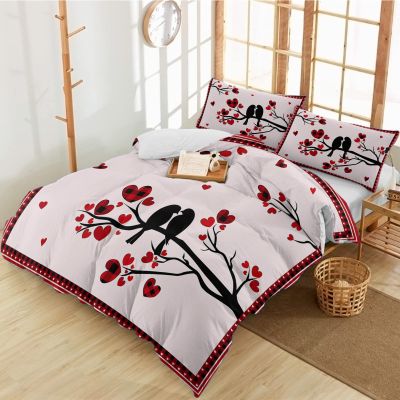 3 Pieces California King Bedding Duvet Covers Set Valentine's Day Black Birds Silhouette Soft Quilt Cover and Pillow Shams,Lightweight Comforter Cover Sets for Bedroom Decor Love Hearts Tree Branch