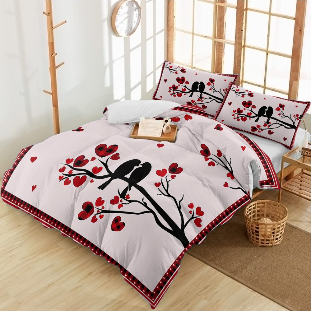 3 Pieces California King Bedding Duvet Covers Set Valentine's Day Black Birds Silhouette Soft Quilt Cover and Pillow Shams,Lightweight Comforter Cover Sets for Bedroom Decor Love Hearts Tree Branch