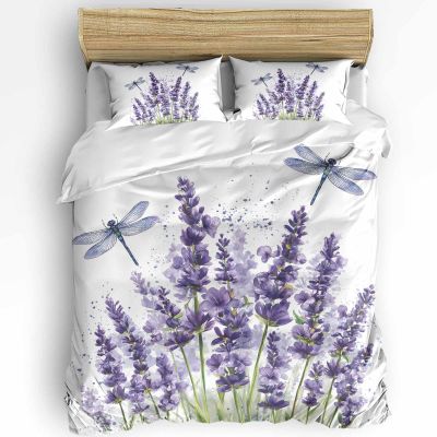 3 Pieces Cali King Bedding Duvet Covers Set Farm Purple Lavender Dragonfly Soft Quilt Cover and Pillow Shams,Lightweight Comforter Cover Sets for Bedroom Decor Blossoms Floral Watercolor Wave Points