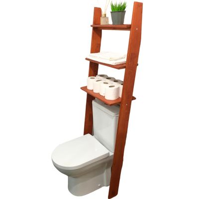 GENESIS WOODESIGN Over The Toilet Birch Wood Bathroom Organizer Shelves, 3-Tier Freestanding Above Toilet Storage Ladder Shelf, Standing Space Saver Behind Toilet Small Bathroom Organizer (Chestnut)
