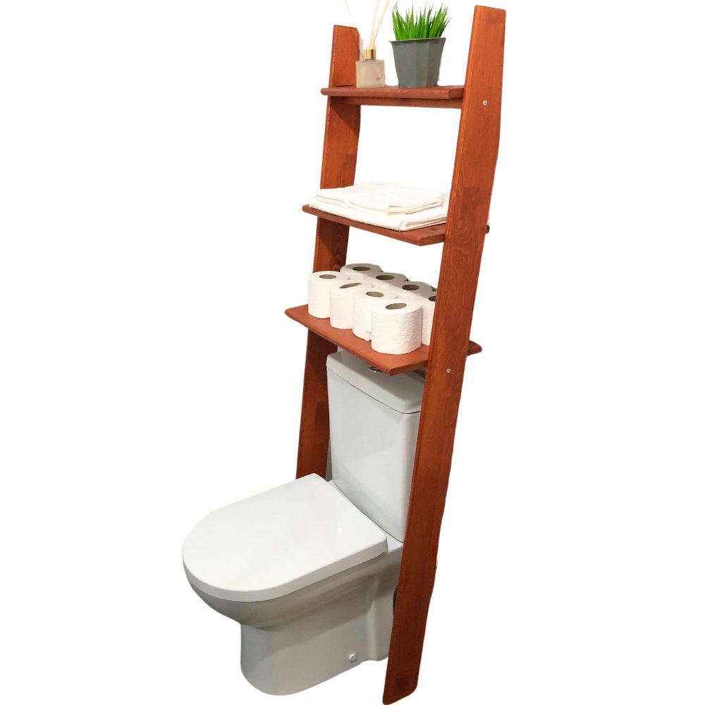 GENESIS WOODESIGN Over The Toilet Birch Wood Bathroom Organizer Shelves, 3-Tier Freestanding Above Toilet Storage Ladder Shelf, Standing Space Saver Behind Toilet Small Bathroom Organizer (Chestnut)