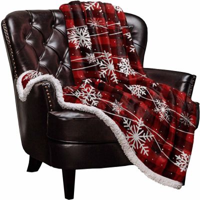 Chucoco Sherpa Throw Blanket Christmas Snowflake on Buffalo Check Flannel Fleece Soft Cozy Warm Throws Luxury Microfiber Blankets Plush Quilt Bedspread for Bed Couch Sofa Red Black