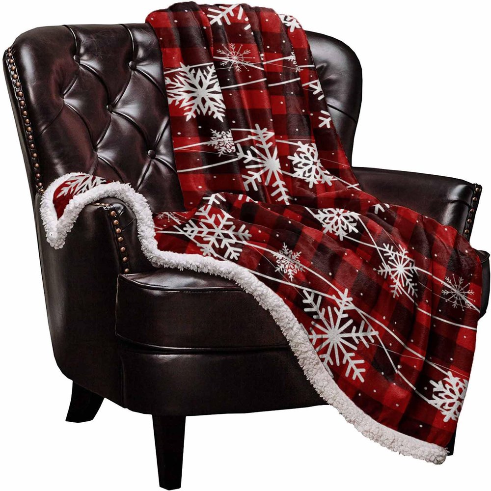 Chucoco Sherpa Throw Blanket Christmas Snowflake on Buffalo Check Flannel Fleece Soft Cozy Warm Throws Luxury Microfiber Blankets Plush Quilt Bedspread for Bed Couch Sofa Red Black