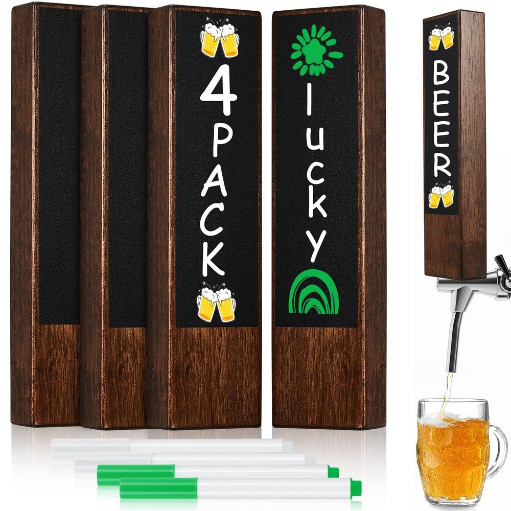 Queekay 4 Pcs Chalkboard Beer Tap Handles Wooden Walnut Keg Tap Handle with Chalk Markers Taps Handles Gift for Beer Bar Lovers Home Brewers Bars Restaurant Wedding (Oak)