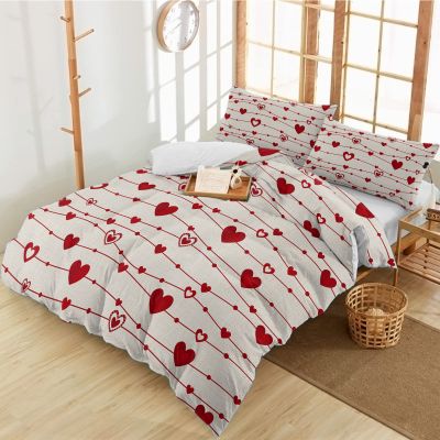 3 Pieces Full Bedding Duvet Covers Set Valentines Day Love Hearts Soft Quilt Cover and Pillow Shams,Lightweight Comforter Cover Sets for Bedroom Decor Red Line on Vintage Burlap