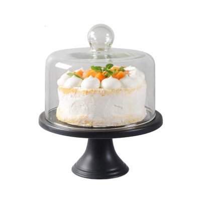 Afternoon Tea Stand, Round Dessert Display Tray with Base and Glass Right Angle Lid, Multifunction Food Tray Ceramic Serving Plate(Size:20.3cm)