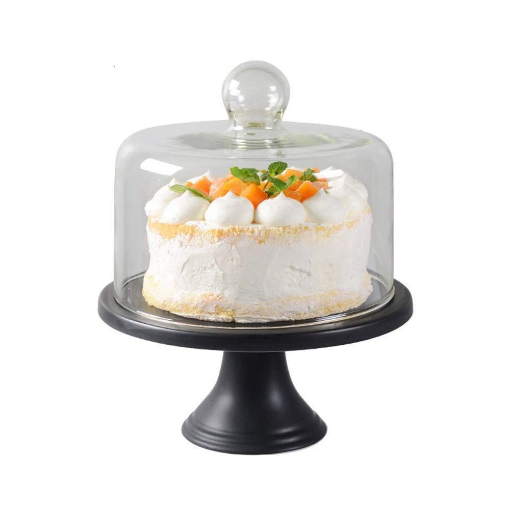 Afternoon Tea Stand, Round Dessert Display Tray with Base and Glass Right Angle Lid, Multifunction Food Tray Ceramic Serving Plate(Size:20.3cm)
