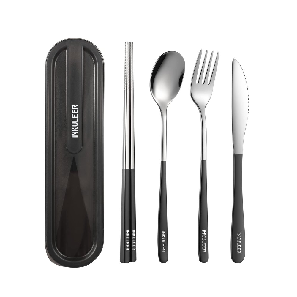 iNKULEER Travel cutlery set, 18/8 stainless steel cutlery, Reusable utensils set with case, Portable Silverware Lunch Box for Camping and Office