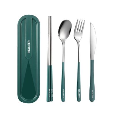 iNKULEER Travel cutlery set, 18/8 stainless steel cutlery, Reusable utensils set with case, Portable Silverware Lunch Box for Camping and Office