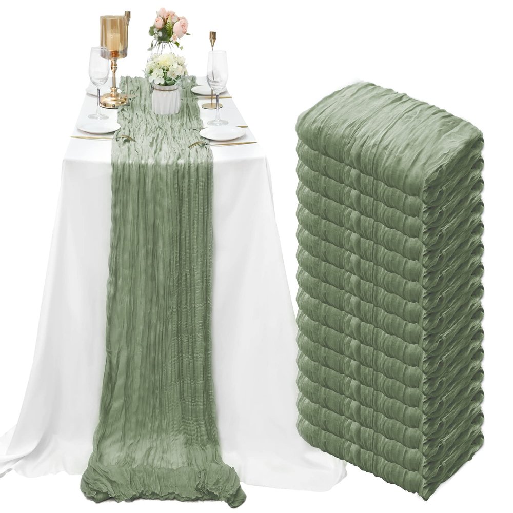 15 Pack Cheesecloth Table Runner 10Ft Romantic Cheese Cloth Table Runner 35 x120Inch Gauze Boho Table Runners for Wedding Birthday Party Bridal Baby Shower Engagement Home Fall Table Decor(Sage Green)