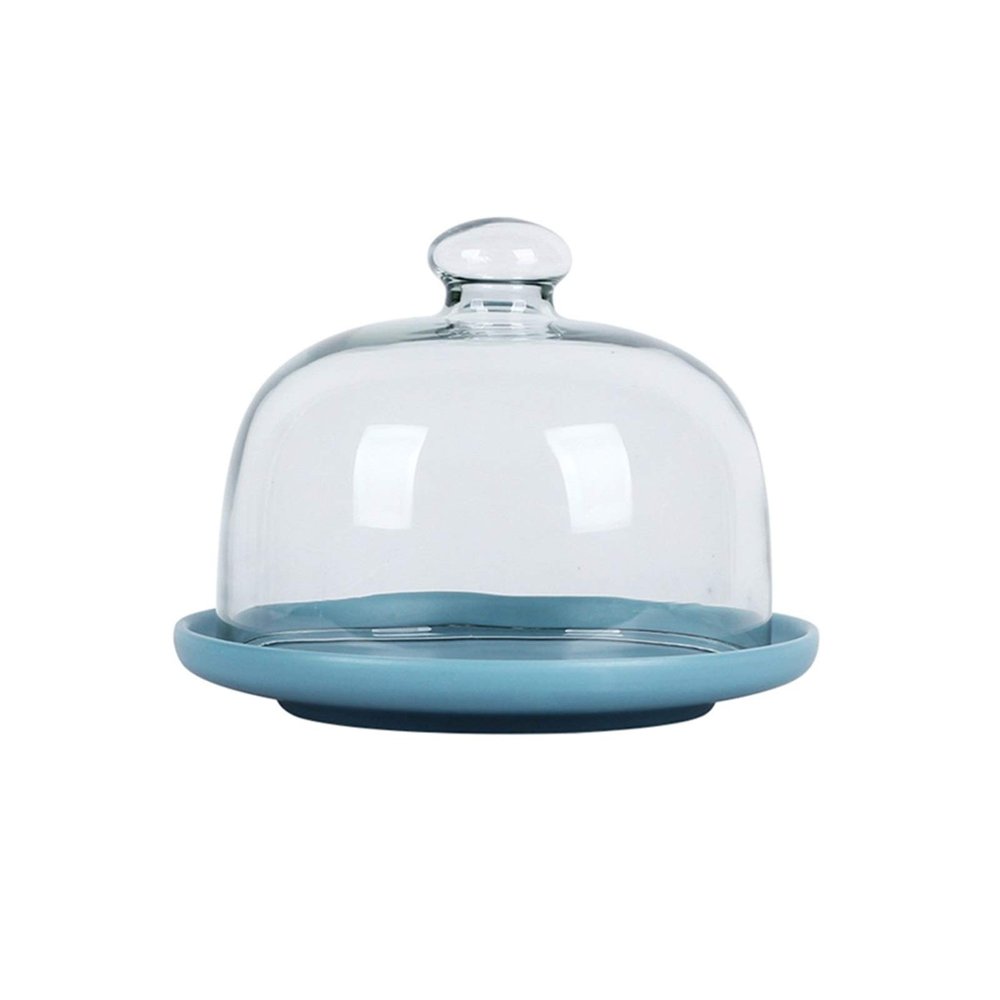 6/8/10 Inch Bread Plate, Blue Porcelain Serving Plate with Clear Glass Dome, Delicate Afternoon Tea Stand Pastry Server Fruit Platter(Size:26cm)