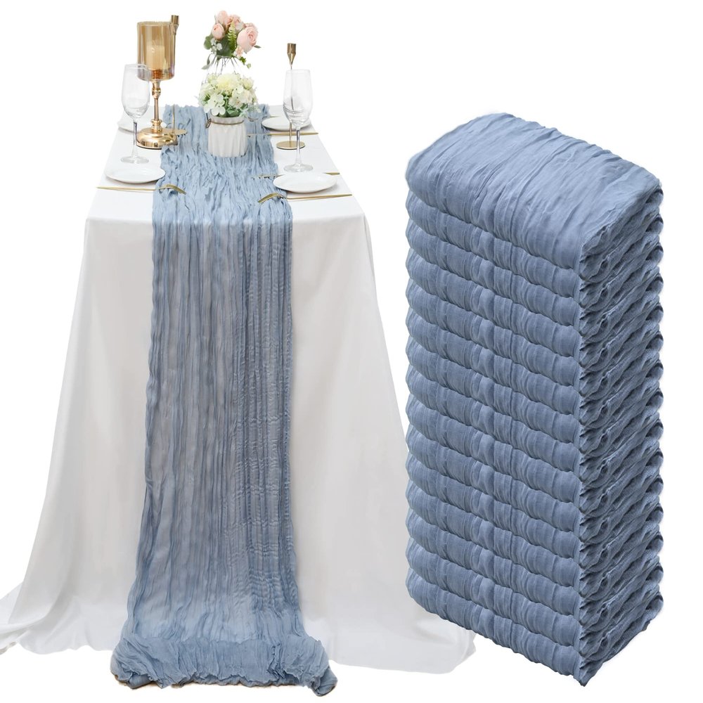 15 Pack Cheesecloth Table Runner 10Ft Cheese Cloth Table Runner 35 x120Inch Romantic Boho Table Runners for Wedding Banquet Birthday Party Engagement Baby Bridal Shower Engagement Decor(Dusty Blue)