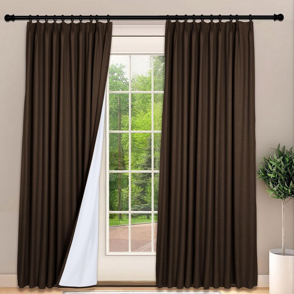 Frelement 100% Blackout Curtains with Thermal Lining Linen Curtain Draperies for Chrismas Decor Thermal Insulated Pinch Pleat Curtains for Bedroom, 100" W x 102" L, 2 Panels, Brown