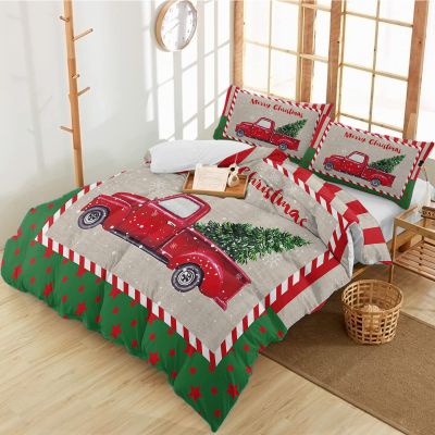 3 Pieces Cali King Bedding Duvet Covers Set Christmas Truck Xmas Tree Soft Quilt Cover and Pillow Shams,Lightweight Comforter Cover Sets for Bedroom Decor Red Striped Burlap Texture Star on Green