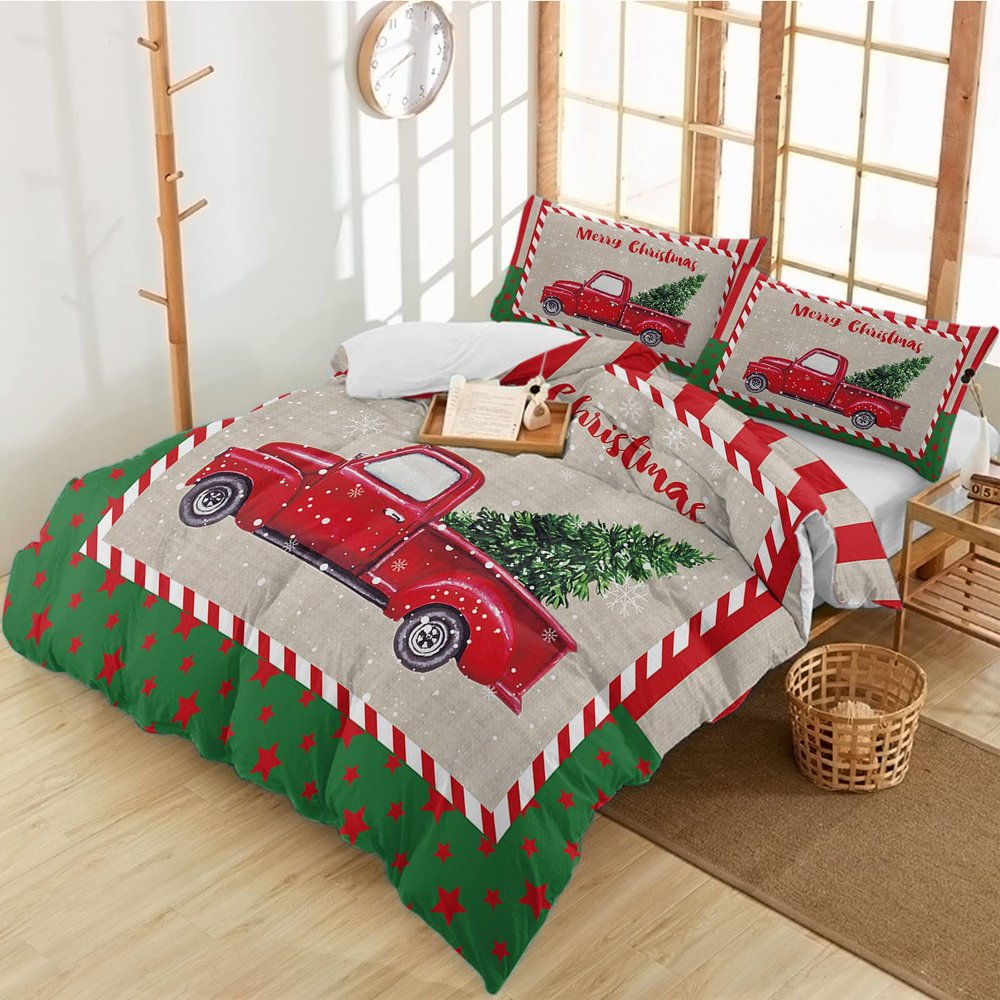 3 Pieces Cali King Bedding Duvet Covers Set Christmas Truck Xmas Tree Soft Quilt Cover and Pillow Shams,Lightweight Comforter Cover Sets for Bedroom Decor Red Striped Burlap Texture Star on Green