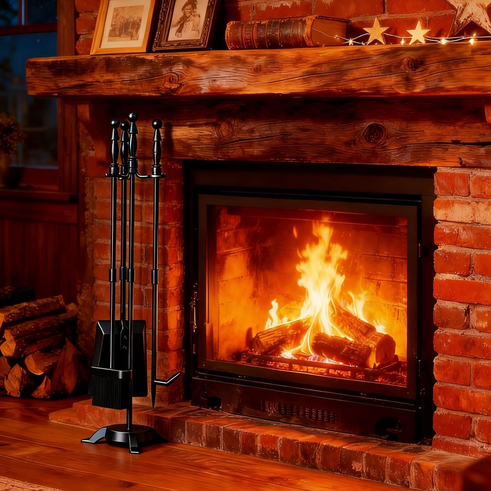 Fire Beauty Fireplace Tools Set 4 Pieces Black Wrought Iron Fire Tool Set for Outdoor/Indoor Include Poker, Shovel, Brush and Stand Accessories Set