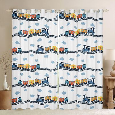 Cartoon Train Curtains & Drapes for Boys Cute Truck Blackout Curtains Car Themed Curtains 104Wx63L Kawaii Steam Engine Living Room Curtains Blue Clouds Print Window Curtains for Kids Bedroom