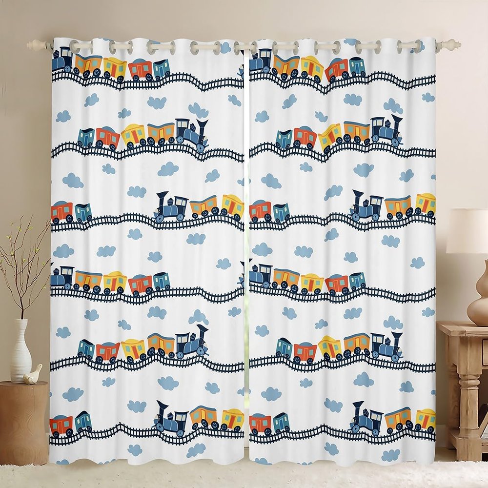 Cartoon Train Curtains & Drapes for Boys Cute Truck Blackout Curtains Car Themed Curtains 104Wx63L Kawaii Steam Engine Living Room Curtains Blue Clouds Print Window Curtains for Kids Bedroom