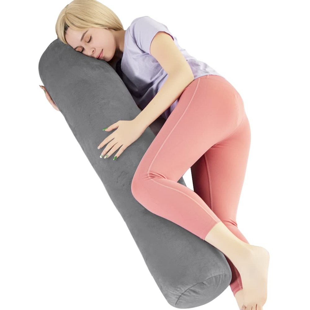 1 MIDDLE ONE Body Pillow for Adults, Bolster Pillow with Removable Velvet Cover, Long Round Cervical Roll Pillow, 47 x 7.87 Inches, Grey
