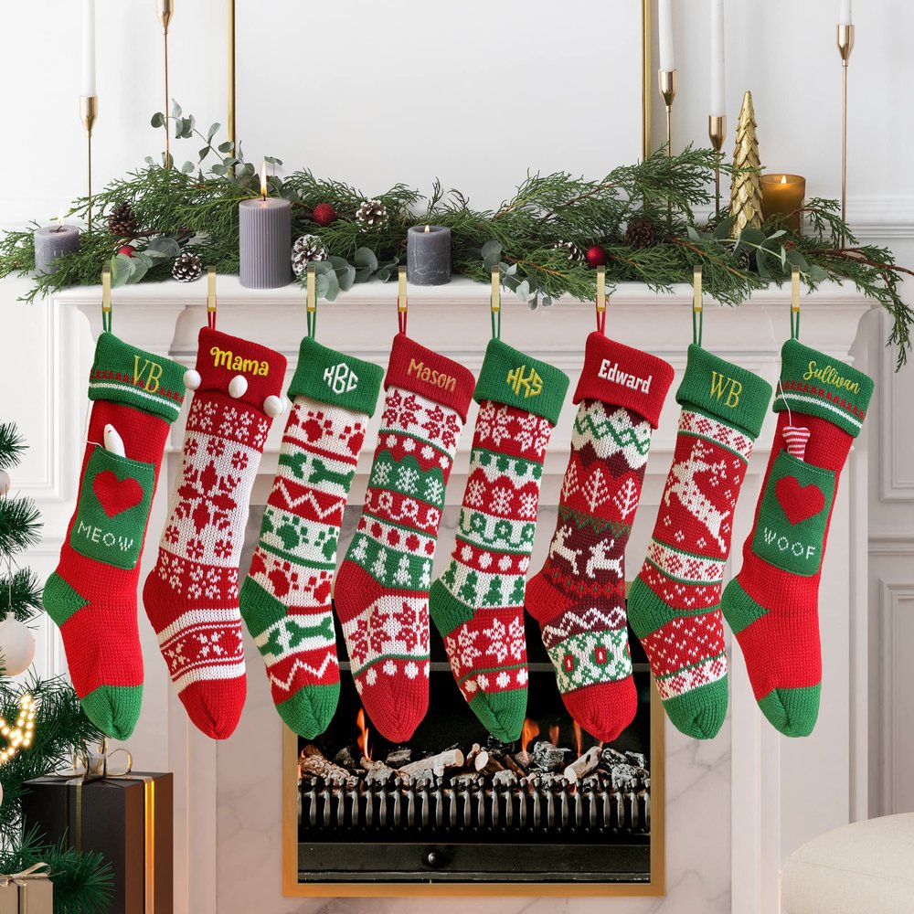 NACRE APPAREL Custom Knitted Christmas Stocking Personalized Christmas Stocking Custom Name Stocking Hanging Xmas Stockings Set of 5