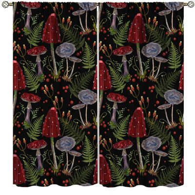 Mushroom Kitchen Curtains, Forest Wild Mushroom Fern Home Bedroom Living Room Blackout Curtains 2 Sets 63x63in