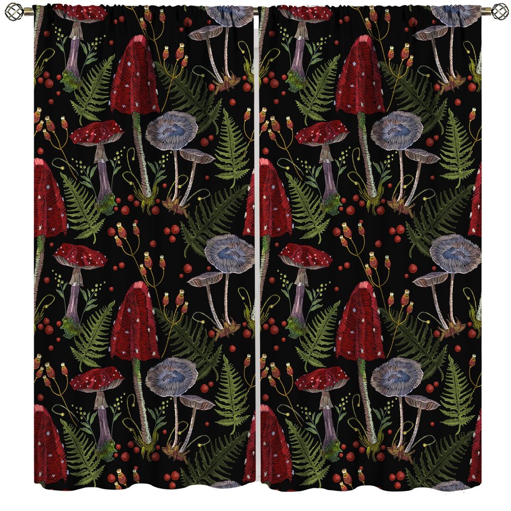 Mushroom Kitchen Curtains, Forest Wild Mushroom Fern Home Bedroom Living Room Blackout Curtains 2 Sets 52x84in