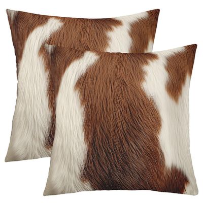 Feelyou Set of 2 Cowhide Throw Pillow Covers, Cow Fur Western Rustic Wildlife Animal Skin Cushion Case for Home Living Room Decor, Reversible White Brown Decorative Throw Cushion Case, 18x18 Inches