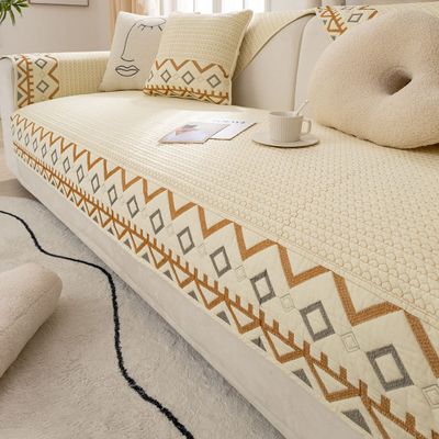 XSlive Farmhouse Embroidery Couch Sofa Cover Geometric Pattern Cotton Quilted Sectional Couch Cover Anti-Slip Soft Furniture Protector Sofa Slipcover for Living Room (Beige Yellow,36"x70")