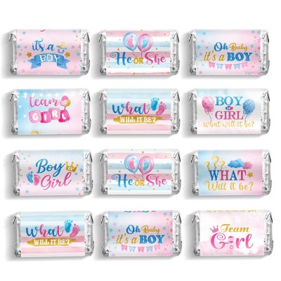 90 Pcs Boy or Girl Gender Reveal Candy Wrappers Mini Candy Chocolate Wrappers Team Boy and Team Girl Labels He or She Gender Reveal Candy Stickers for Reveal Party and Baby Showers