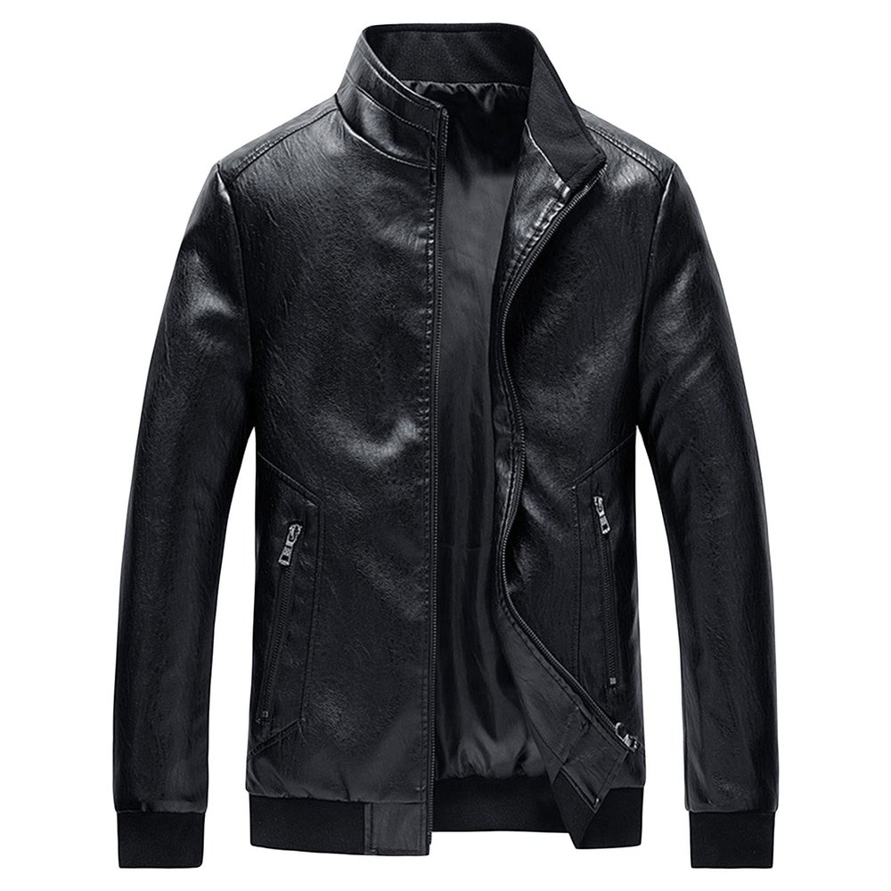 Maiyifu-GJ Men's Stand Collar Leather Bomber Jacket Lightweight Faux Leather Motorcycle Jackets Slim Fit Zip Up Biker Coat (Black,6X-Large)