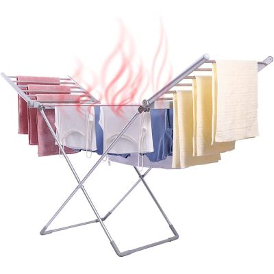 Electric Heated Clothes Dryer, Folding Energy-Efficient Indoor Airer, 20 Bars Winged Electric Heated Clothes Rail, Laundry Drying Horse Rack, Silver
