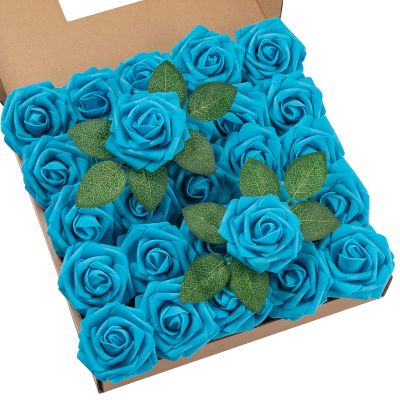 DuHouse 25Pcs Artificial Roses Flowers Fake Roses with Stems Real Touch Foam Flowers for DIY Wedding Bouquet Party Centerpiece Floral Arrangement Party Home Decor(Middle Blue)