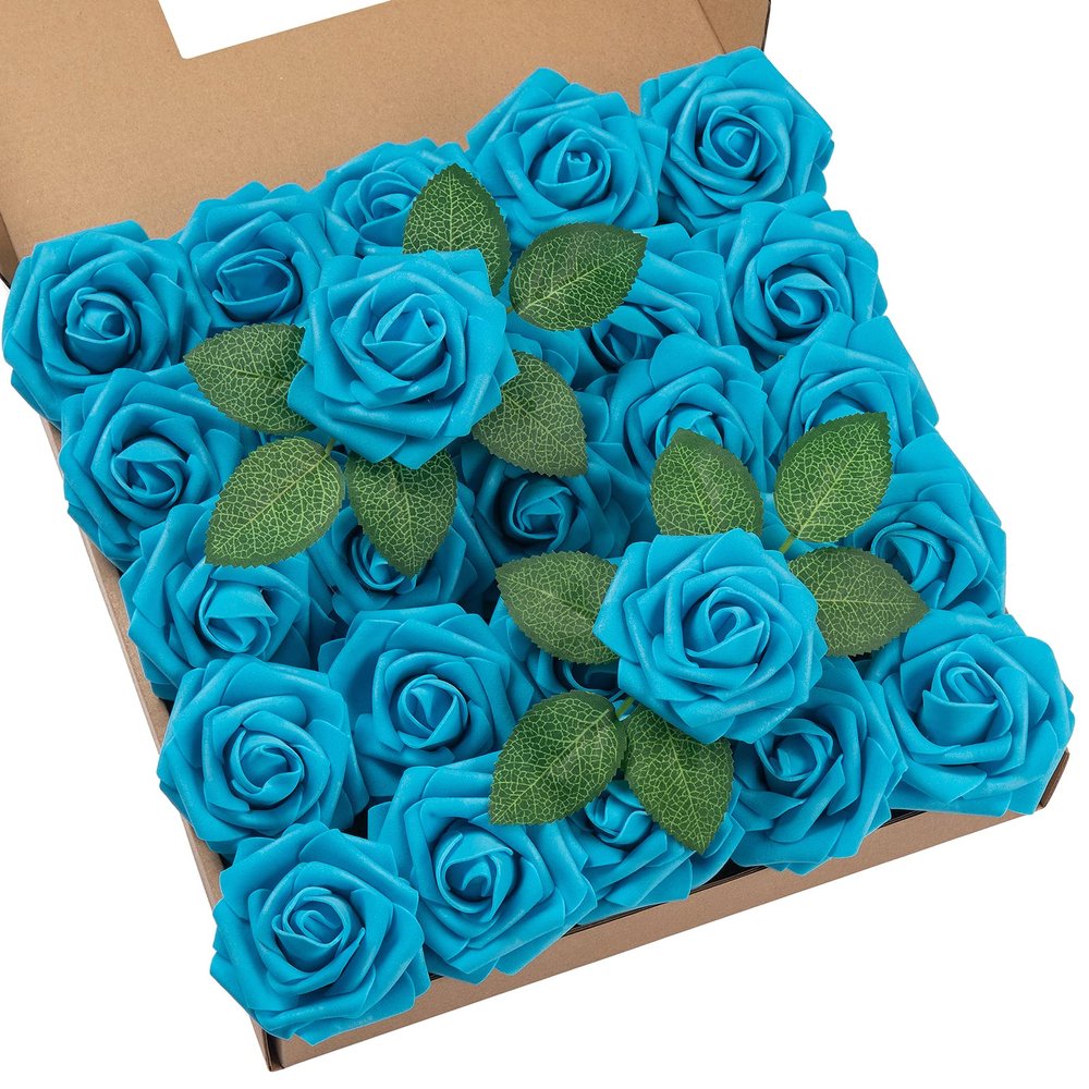 DuHouse 25Pcs Artificial Roses Flowers Fake Roses with Stems Real Touch Foam Flowers for DIY Wedding Bouquet Party Centerpiece Floral Arrangement Party Home Decor(Middle Blue)