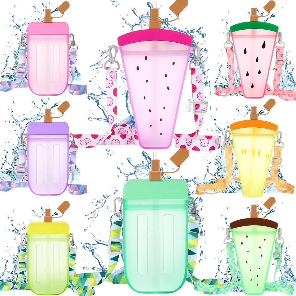 Patelai 8 Pcs Cute Water Bottles with Straw Kawaii Watermelon Ice Cream Cups Leak Proof Drinking Bottles with Adjustable Shoulder Strap for Sports Travel Camping(Classic Style)