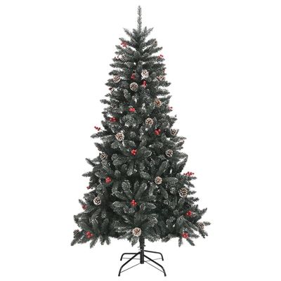 vidaXL Artificial Christmas Tree with Stand Lifelike Faux Tree Hinged Construction for Easy Setup 70.9" Tall Decorated with Cones, Berries & Snow - Green and White, PVC, Steel