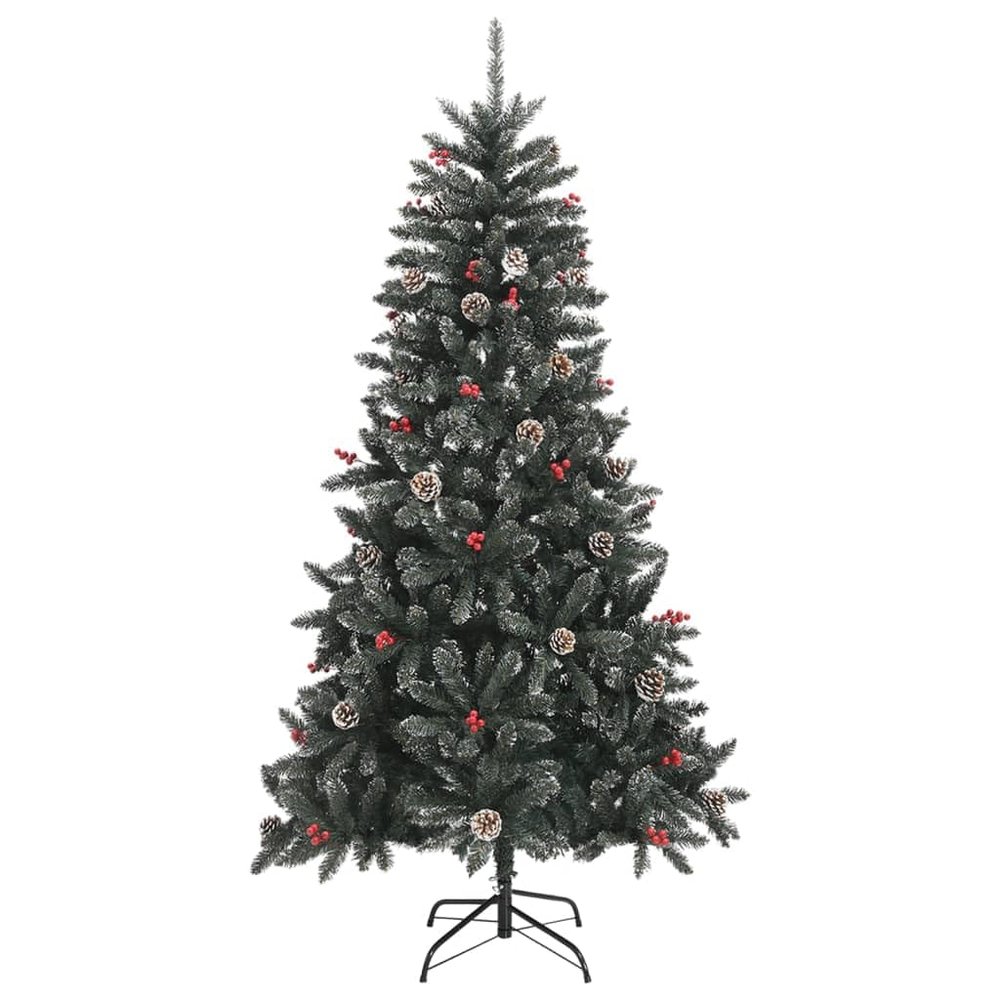 vidaXL Artificial Christmas Tree with Stand  Lifelike Faux Tree  Hinged Construction for Easy Setup  70.9" Tall  Decorated with Cones, Berries & Snow - Green and White, PVC, Steel