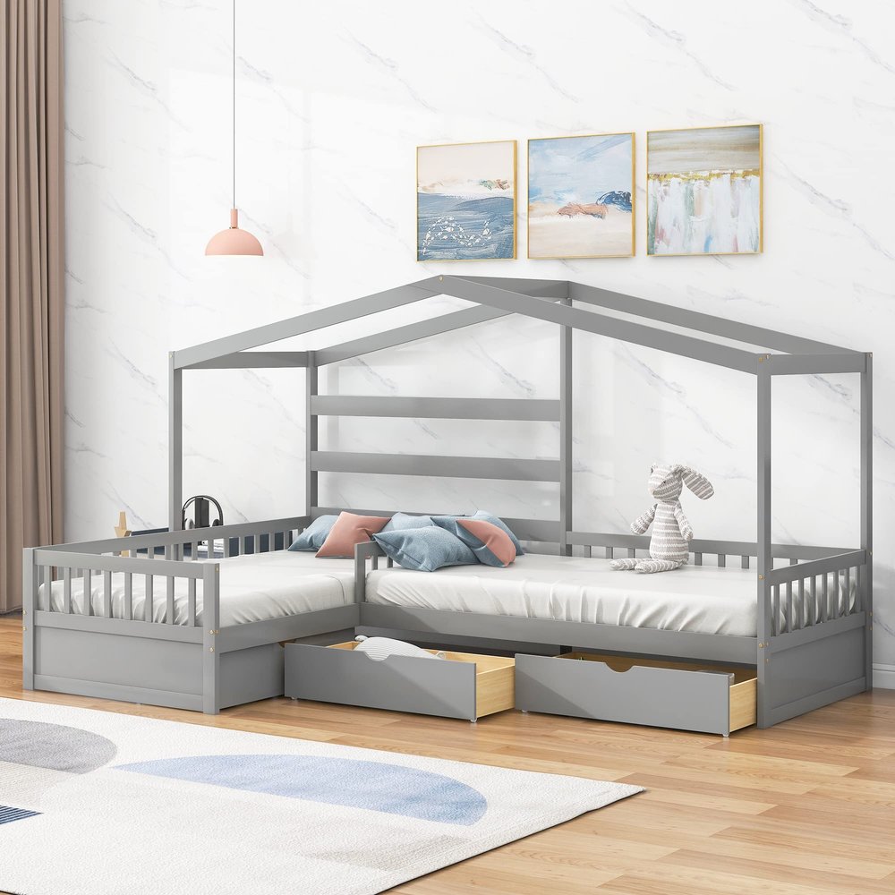 RUNNA Multifunctional House Bed with 3 Storage Drawers,Twin Size Platform Bed with 2 beds and Roof Frame,for Kids,Teens,Girls,Boys Bedroom Use (Gray#p)