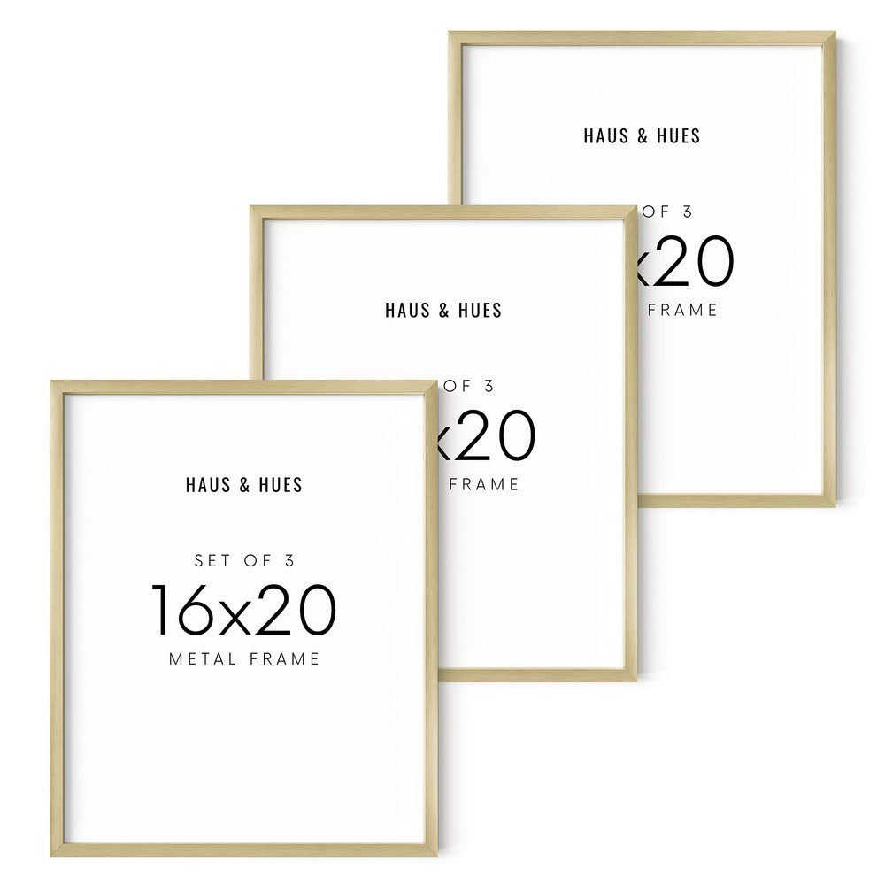 HAUS AND HUES 16x20 Gold Picture Frames - Modern Aluminum Wall Art Display - Lightweight 16x20 Frames for Posters, Prints, Photos - Ready-to-Hang Vertically & Horizontally (Set of 3)