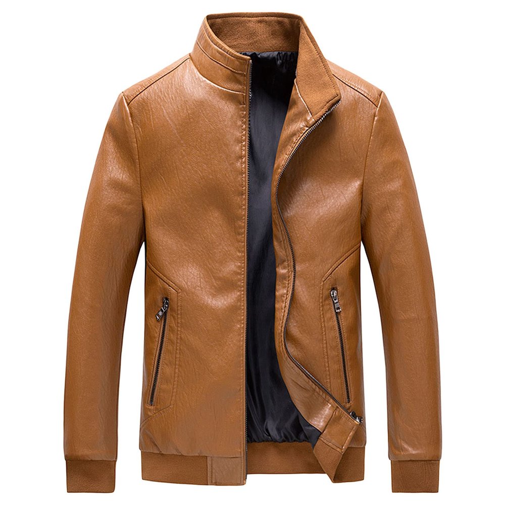 Maiyifu-GJ Men's Stand Collar Leather Bomber Jacket Lightweight Faux Leather Motorcycle Jackets Slim Fit Zip Up Biker Coat (Yellow,X-Large)