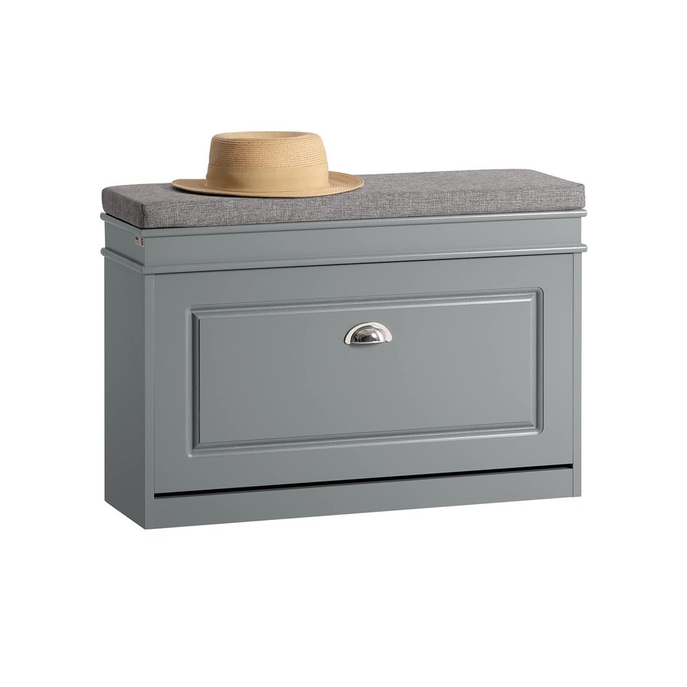 Haotian Shoe Storage Bench with Cushion, Grey Narrow Shoe Rack for Entryway, Small Shoe Cabinet with 2 Tiers Flip-Drawer, Closet Hallway Mudroom FSR82-L-HG