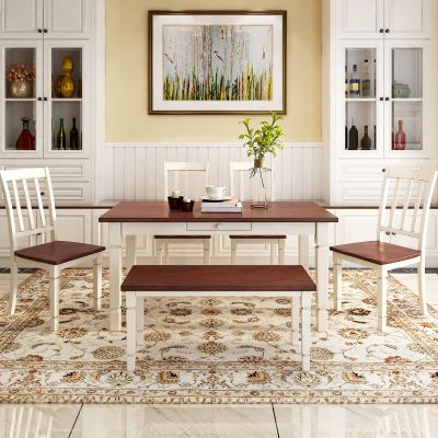 6-Piece Kitchen Table Set, Farmhouse Rustic Dining Table Set Wooden Kitchen Dining Room Table Set with 4 Dining Chairs and Bench, Dining Set with Drawer Easy Assembly, for Kitchen Dining Room