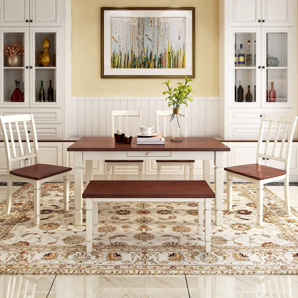 6-Piece Kitchen Table Set, Farmhouse Rustic Dining Table Set Wooden Kitchen Dining Room Table Set with 4 Dining Chairs and Bench, Dining Set with Drawer Easy Assembly, for Kitchen Dining Room