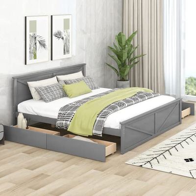 Anwick Wooden Platform Bed with 4 Storage Drawers, Solid Wooden Platform Bed Frame with Headboard and Support Legs for Any Bedroom, No Box Spring Needed (Gray, King)