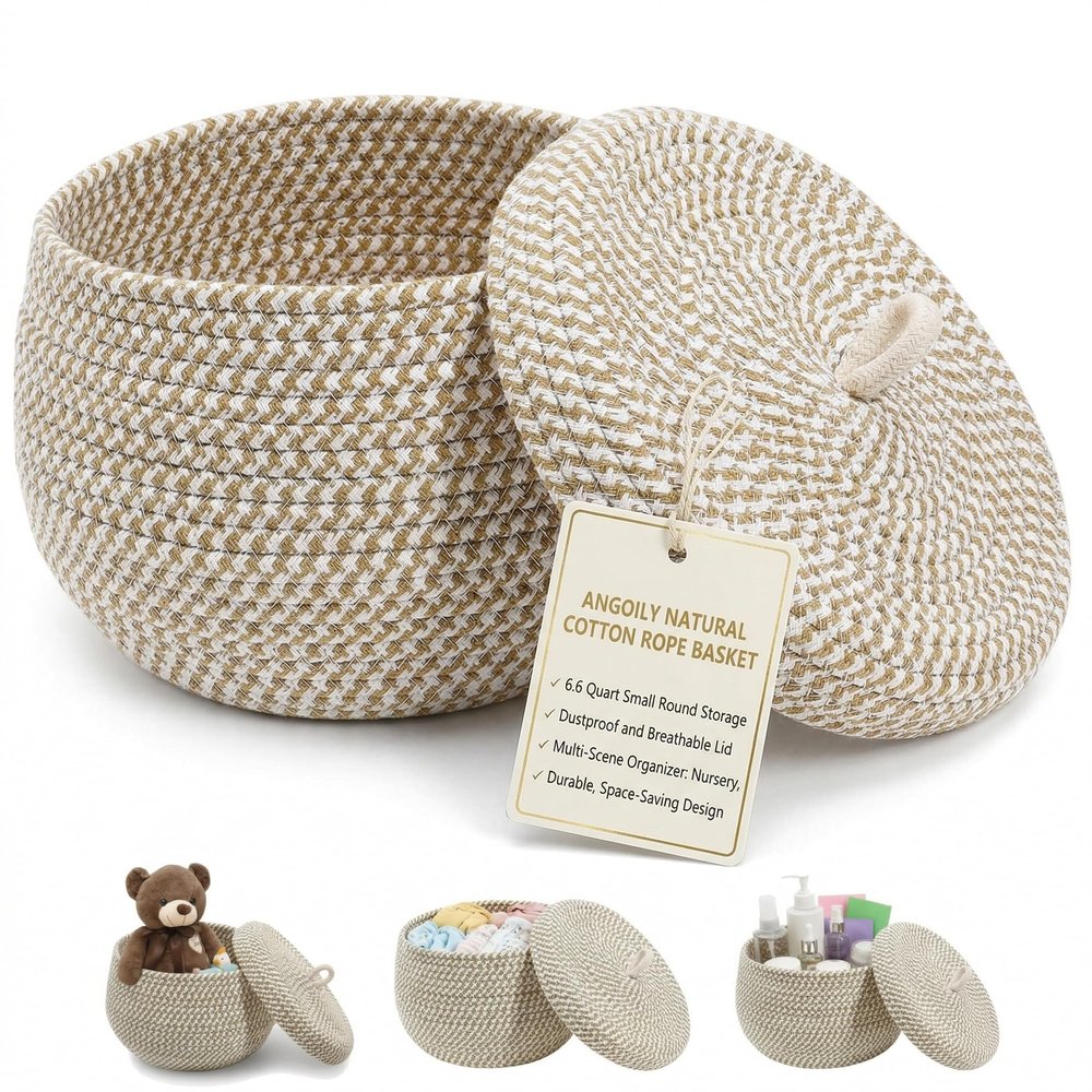 Angoily Storage Basket, 6.6 Quarts Woven Cotton Rope Basket with Lid, 1.6 Gal Small Round Decorative Storage Organizier Bin Box for Nursery, Living Room, Blanket, Home Decor, Bedroom