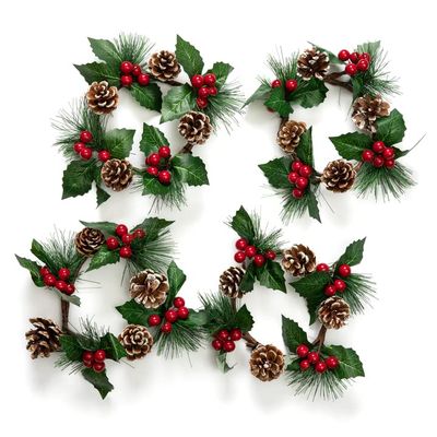 Factory Direct Craft Set of 4 Artificial Pine and Berry Christmas Candle Rings for Christmas Home Decor and Holiday Displays