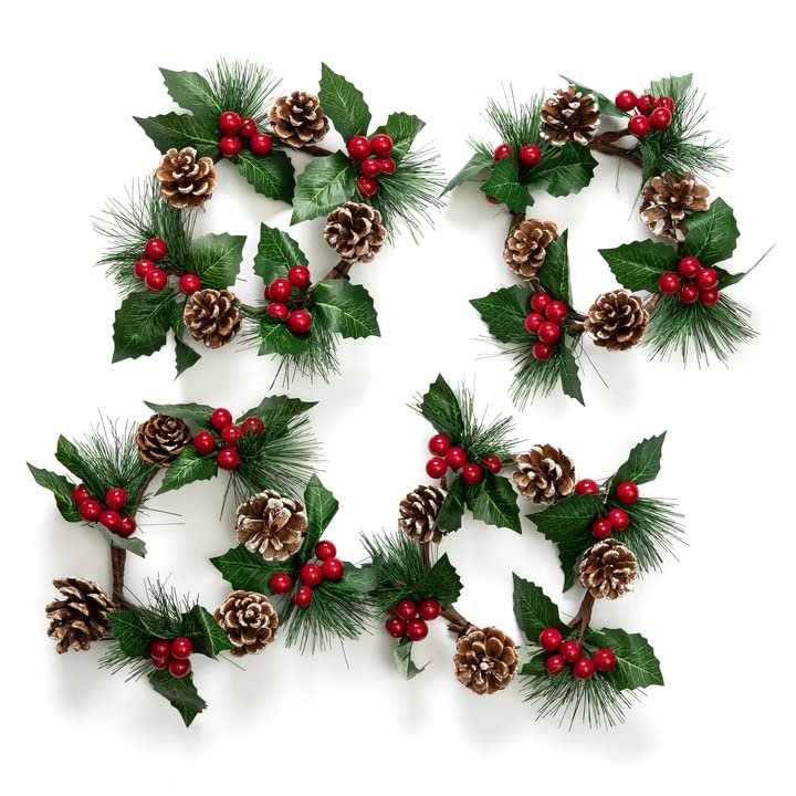 Factory Direct Craft Set of 4 Artificial Pine and Berry Christmas Candle Rings for Christmas Home Decor and Holiday Displays