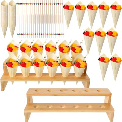 Queekay 150 Disposable Charcuterie Cones with 2 Pack 12 Holes Wooden Ice Cream Cone Display Stand Charcuterie Holder Stand 150 Fancy Toothpicks for Appetizers Wedding Decoration(Brown)
