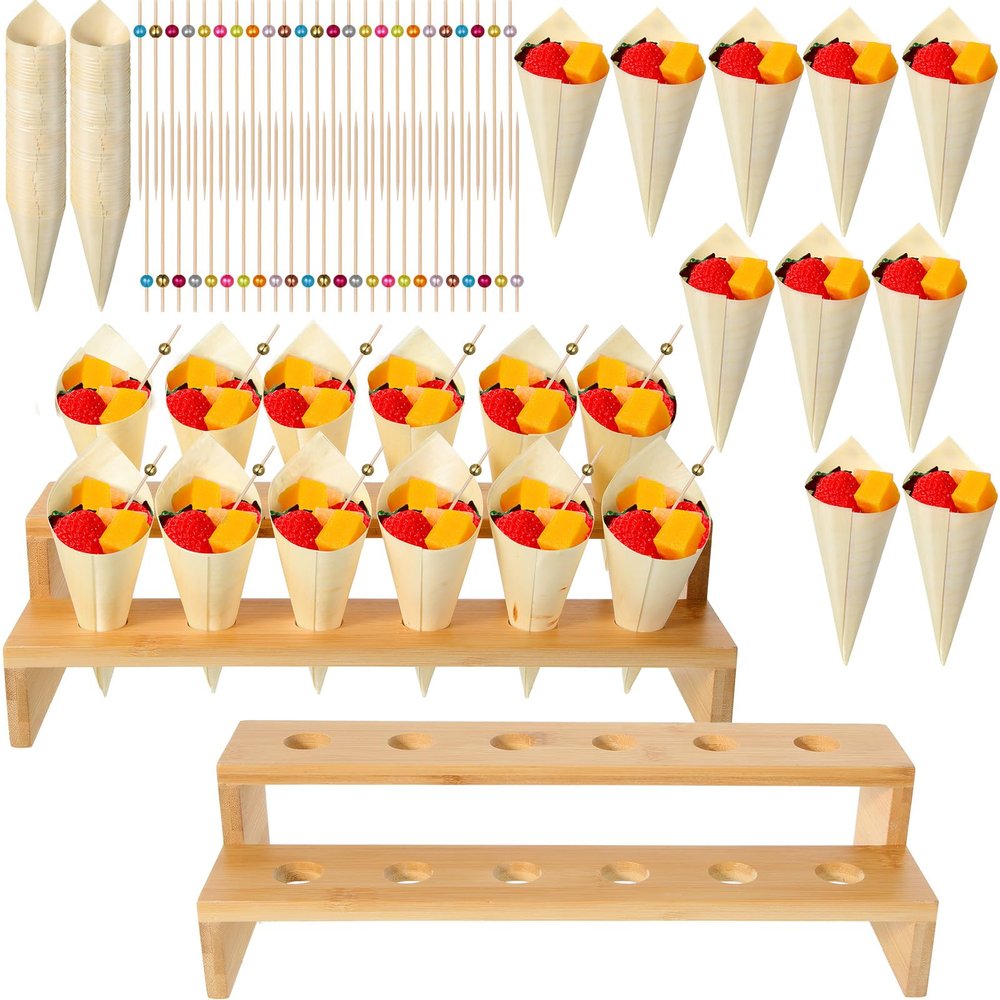 Queekay 150 Disposable Charcuterie Cones with 2 Pack 12 Holes Wooden Ice Cream Cone Display Stand Charcuterie Holder Stand 150 Fancy Toothpicks for Appetizers Wedding Decoration(Brown)