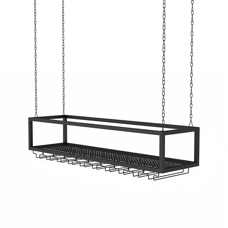 Ceiling Metal Iron Chain Wine Glass Rack, Hanging Wine Glass Holder, Adjustable Wine Rack with Glass Holder, Matte Black Stemware Rack