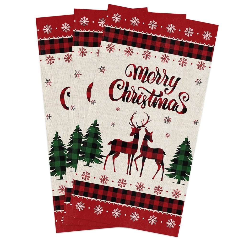 Kitchen Towel Absorbent Dish Towels Ethnic Christmas Deer 3 Pack Soft Reusable Hand Towel Washing Cloths, Quick Drying Hanging Terry for Home Cleaning Xmas Animal Pine Tree Retro Linen Snowflake